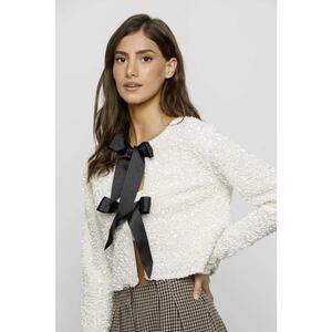 KD Studio Sequin Jacket Bow Front White Sparkle Party Cardigan 42 Large NWT